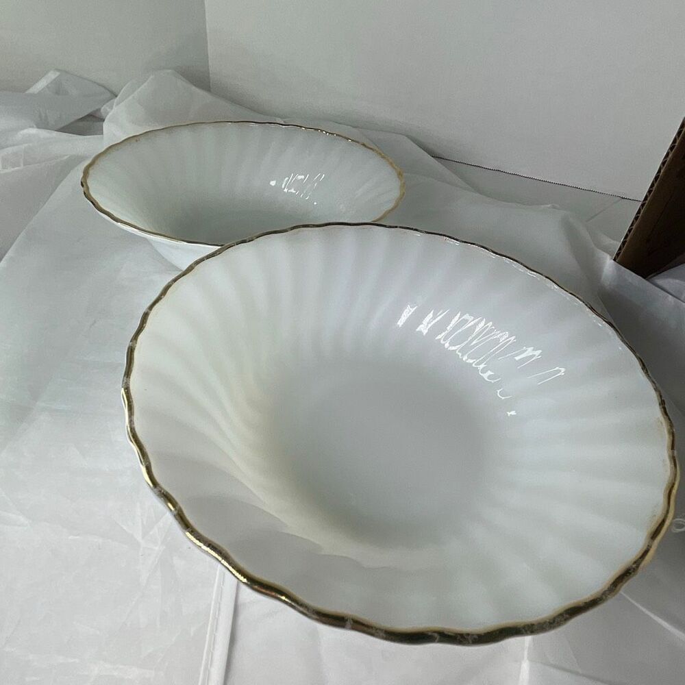 Fire-King lot of 2 serving bowls swirl design 22K trim
